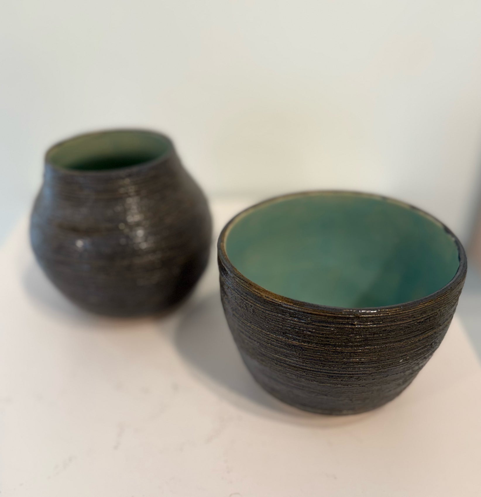 Set of two Aqua and Grey Striated Vase and Vessel