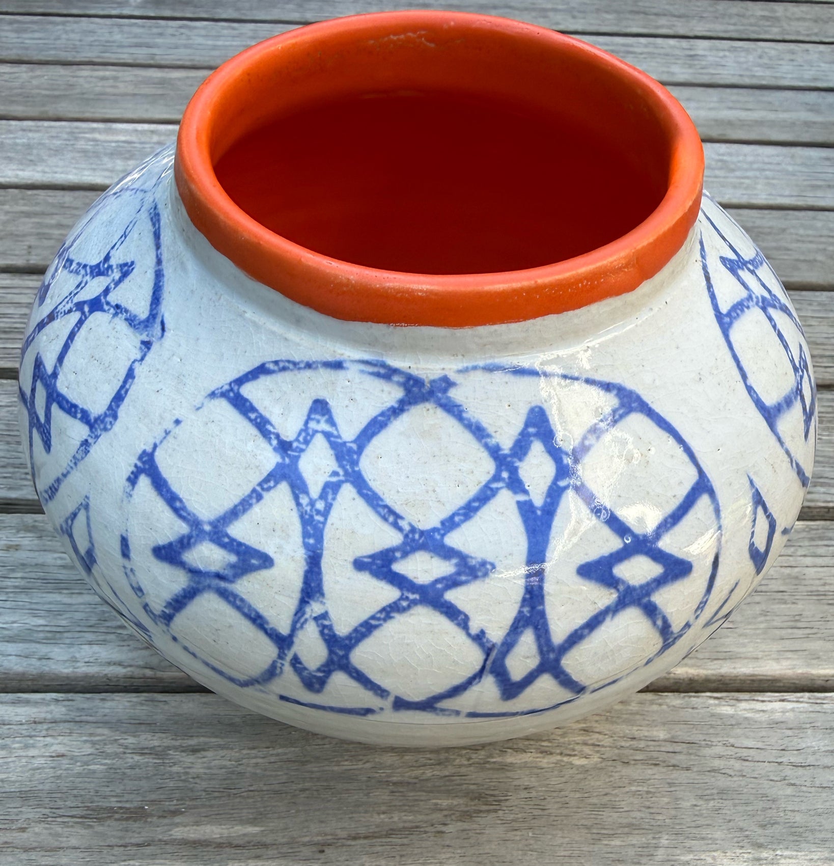 Blue and white moon jar vase - orange interior