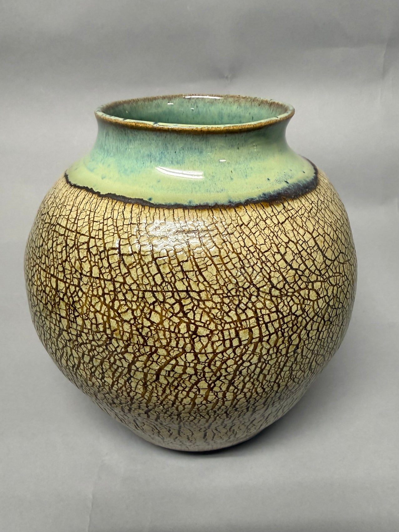 Brown and turquoise textured moon vase