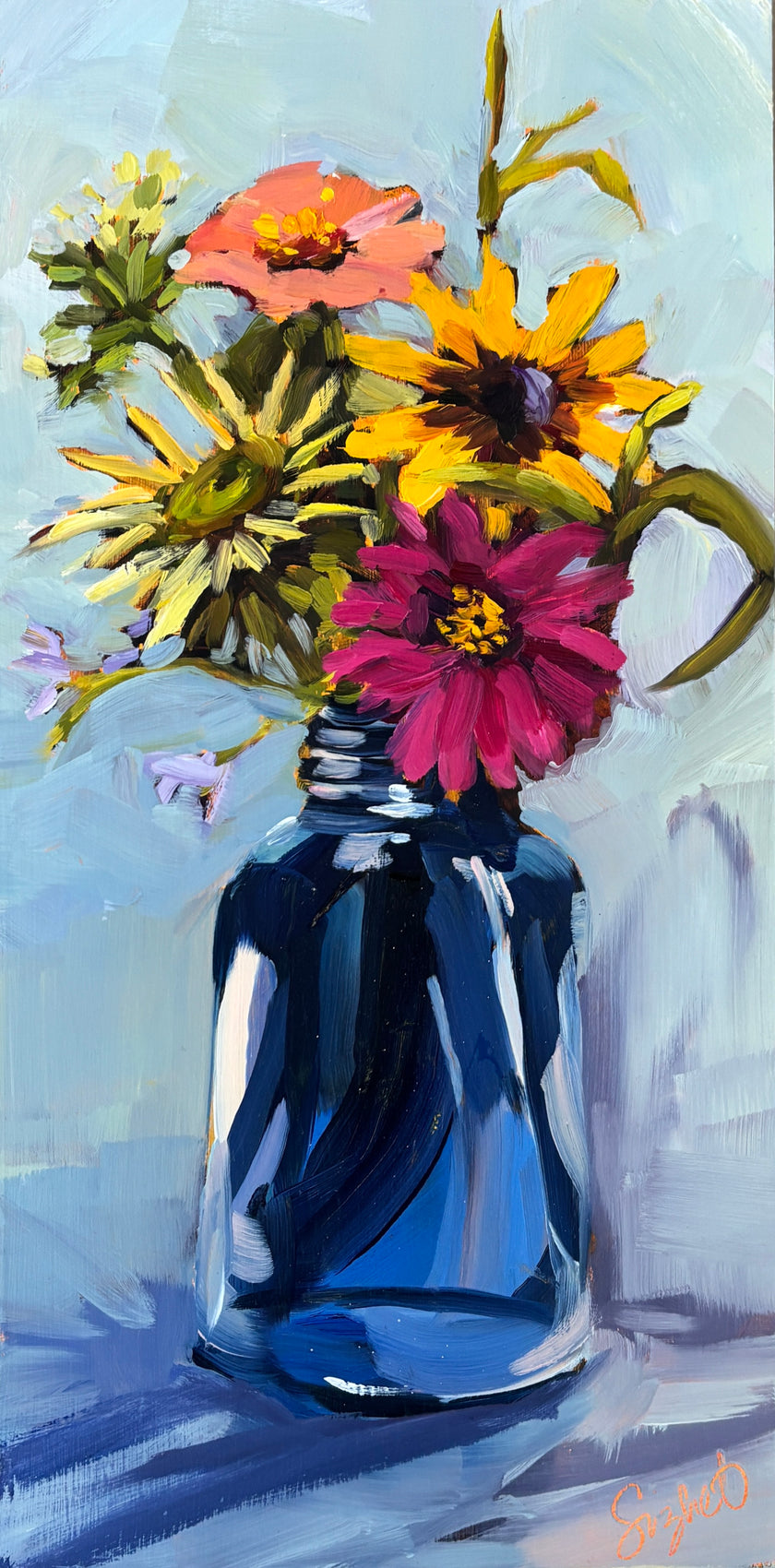 Posies in Blue Jar